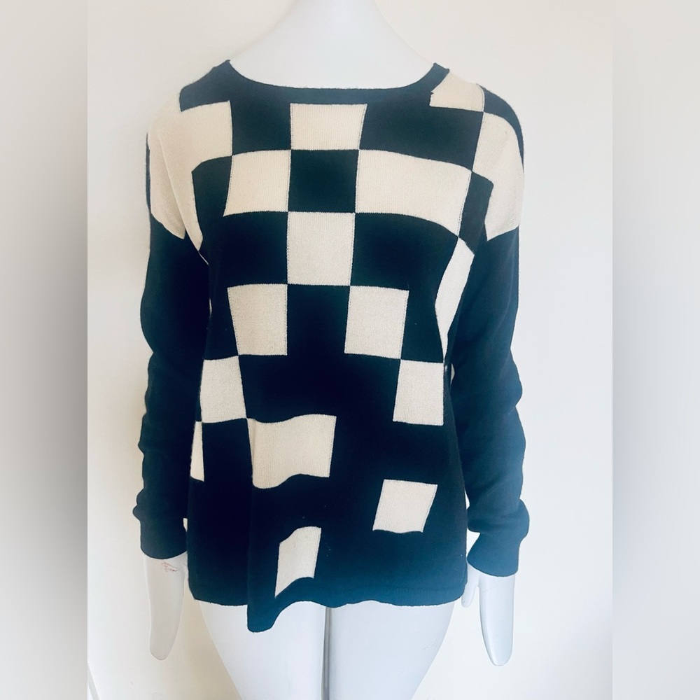 Autumn Cashmere High Low Broken Pixel Black and White Cashmere Sweater Small